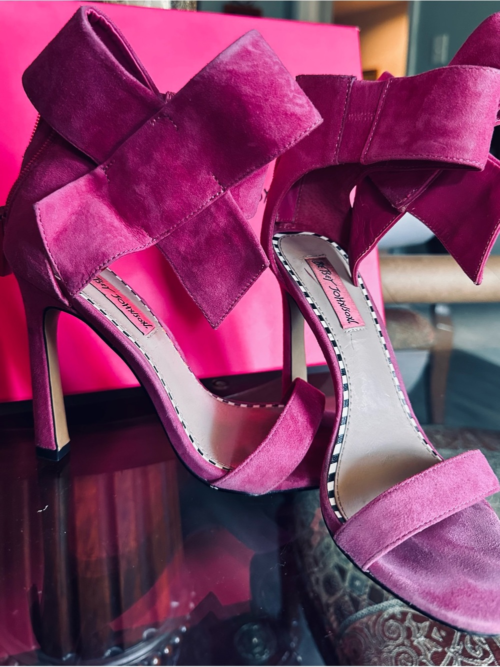 Betsey Johnson Fuchsia Suede Bow Stiletto Sandals